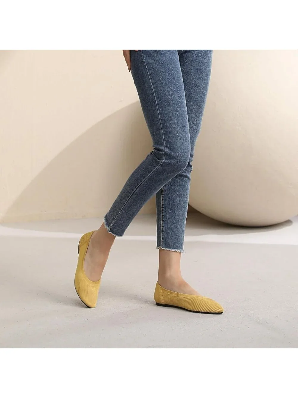 Womens Yellow Pointed Toe Comfort Foldable Slip On Dressy Knit Ballet Flat Shoes